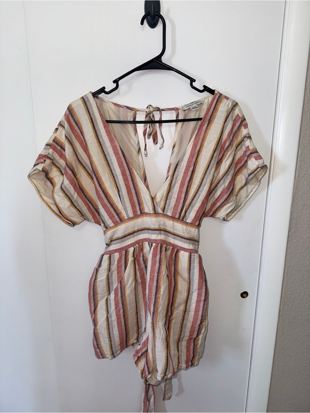 American Eagle Outfitters Striped V-Neck Romper in Cream, Rust & Mustard